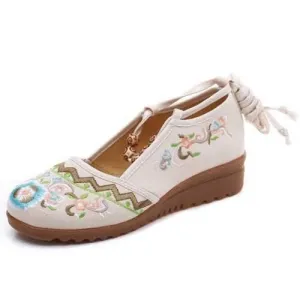 Strappy Printing Embroidery Retro Flats