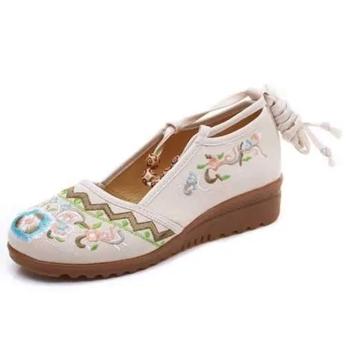 Strappy Printing Embroidery Retro Flats