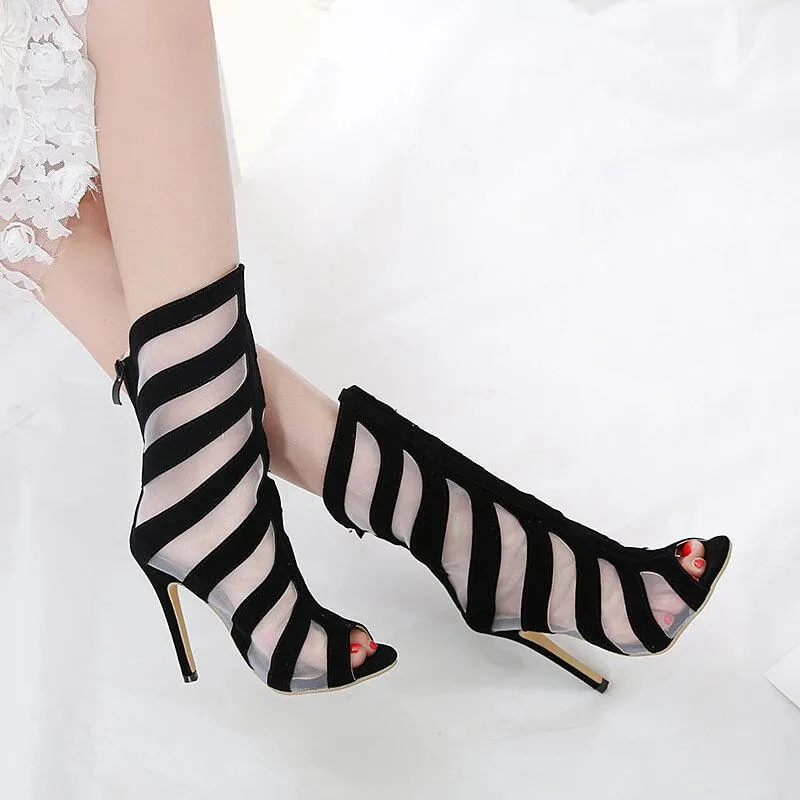 Stripe Peep Toe High Heel Suede Calf Boots