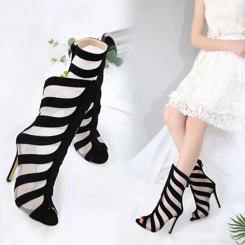 Stripe Peep Toe High Heel Suede Calf Boots
