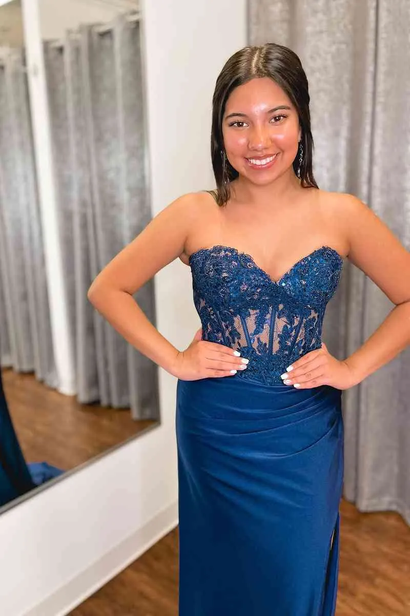 Sweetheart Blue Lace Top Pleated Long Prom Dress with Slit
