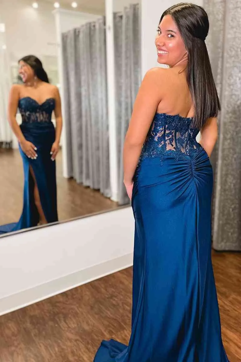 Sweetheart Blue Lace Top Pleated Long Prom Dress with Slit