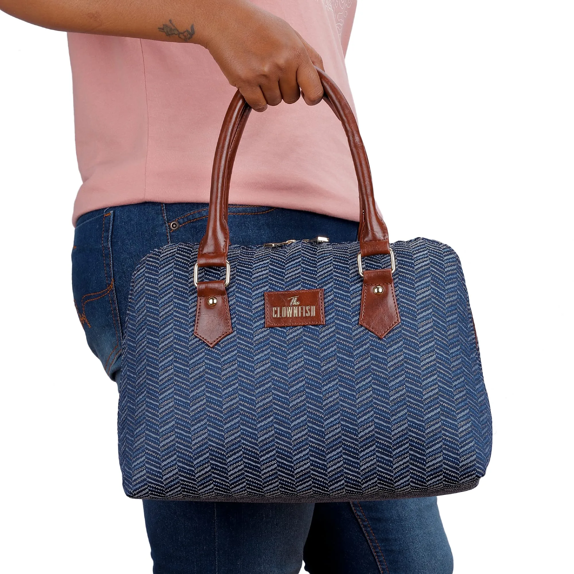 THE CLOWNFISH Montana Series Handbag for Women Office Bag Ladies Purse Shoulder Bag Tote For Women College Girls (Blue-Stripes)