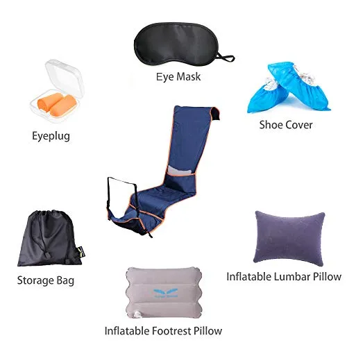 Travel Bread Airplane Footrest Hammock, Portable Travel Foot Rest with Inflatable Pillows, Adjustable Height Flight Carry-On Footrest Provides Relaxation and Comfort for Airplane, Train, Bus (Blue)