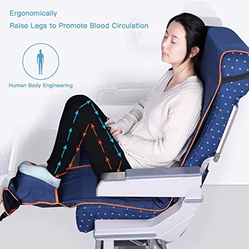 Travel Bread Airplane Footrest Hammock, Portable Travel Foot Rest with Inflatable Pillows, Adjustable Height Flight Carry-On Footrest Provides Relaxation and Comfort for Airplane, Train, Bus (Blue)