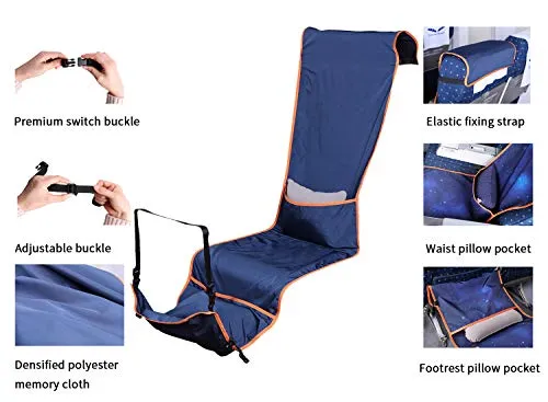 Travel Bread Airplane Footrest Hammock, Portable Travel Foot Rest with Inflatable Pillows, Adjustable Height Flight Carry-On Footrest Provides Relaxation and Comfort for Airplane, Train, Bus (Blue)
