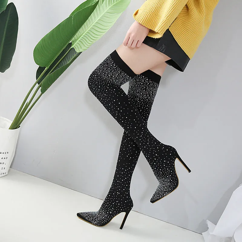 Trendy European and American Pointed Toe Rhinestone Stiletto Over the Knee Sock Boots