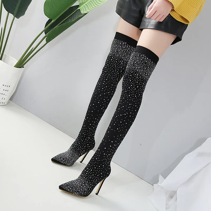 Trendy European and American Pointed Toe Rhinestone Stiletto Over the Knee Sock Boots