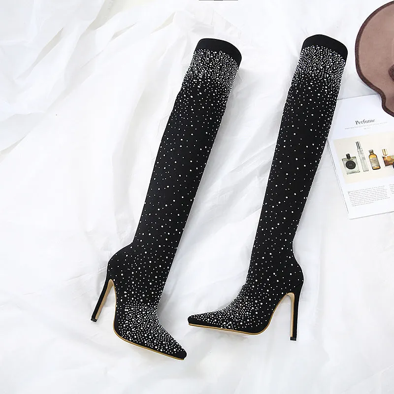Trendy European and American Pointed Toe Rhinestone Stiletto Over the Knee Sock Boots