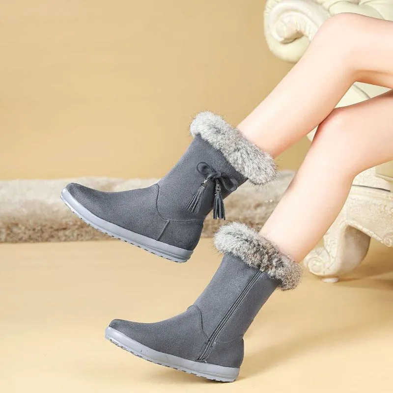 Winter Fur Flat Suede Mid Calf Boots