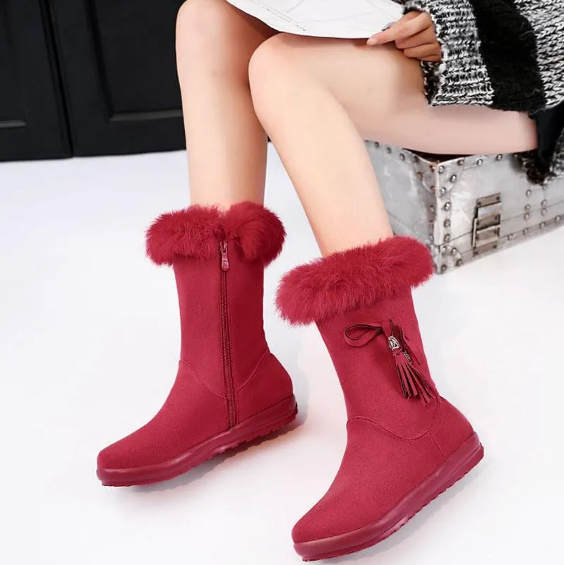 Winter Fur Flat Suede Mid Calf Boots