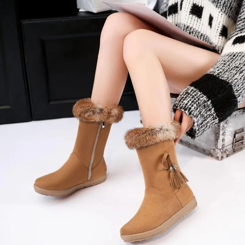 Winter Fur Flat Suede Mid Calf Boots