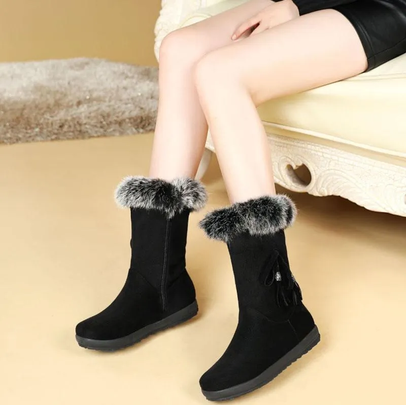 Winter Fur Flat Suede Mid Calf Boots