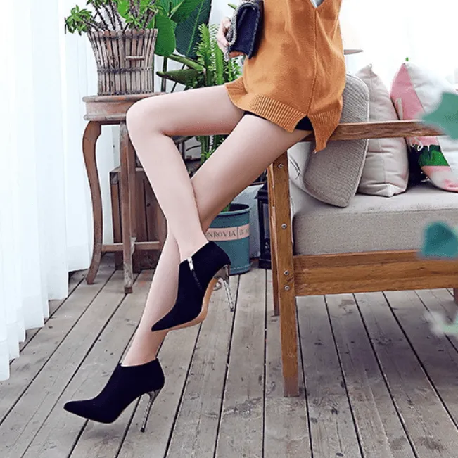Winter Suede Point Toe Zipper High Heel Ankle Boots