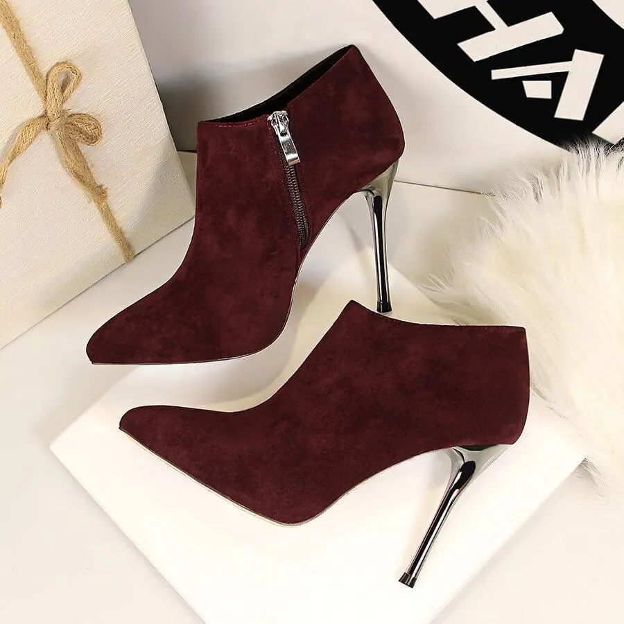 Winter Suede Point Toe Zipper High Heel Ankle Boots