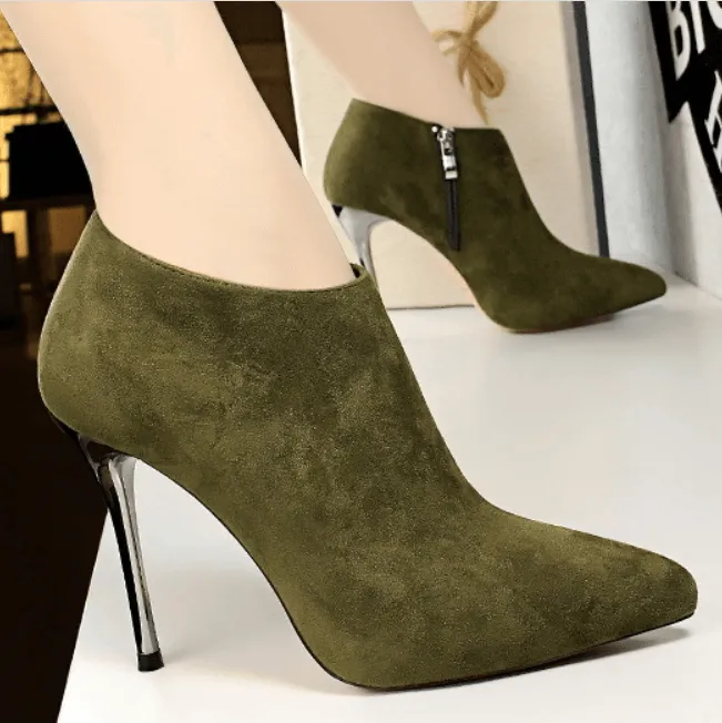 Winter Suede Point Toe Zipper High Heel Ankle Boots
