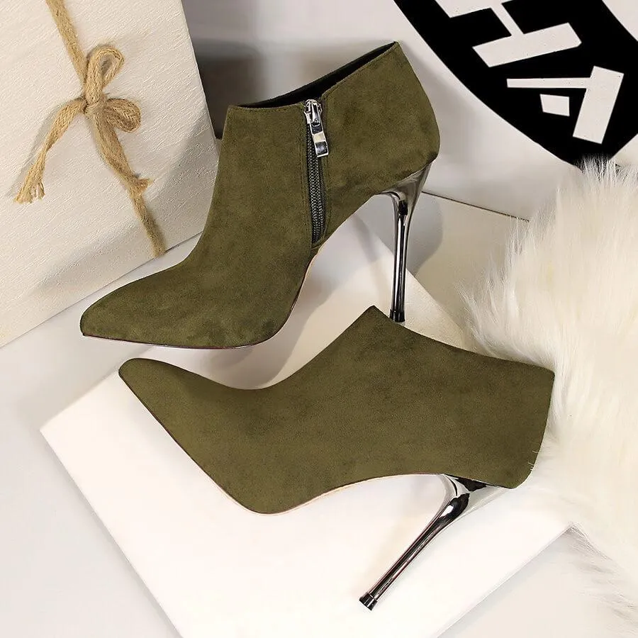 Winter Suede Point Toe Zipper High Heel Ankle Boots