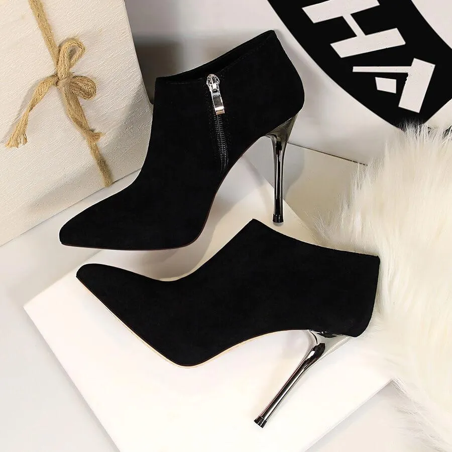 Winter Suede Point Toe Zipper High Heel Ankle Boots