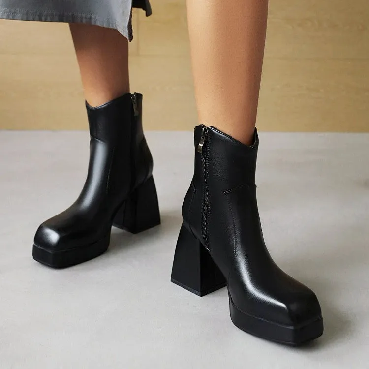 Women's Pu Leather Stitching Side Zippers Block Heel Platform Short Boots